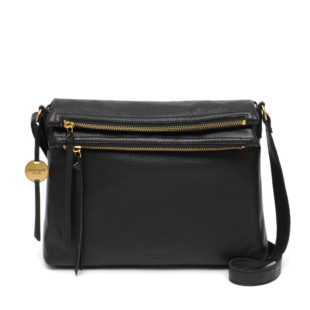 Margot Double Zip Crossbody Hobo Genuine Black Leather Shoulder Bag Tote Clutch